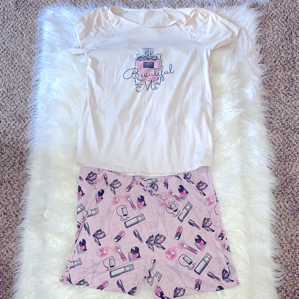 Charlotte Russe Pink and White Beautiful Me Makeup Print Pajama Set
